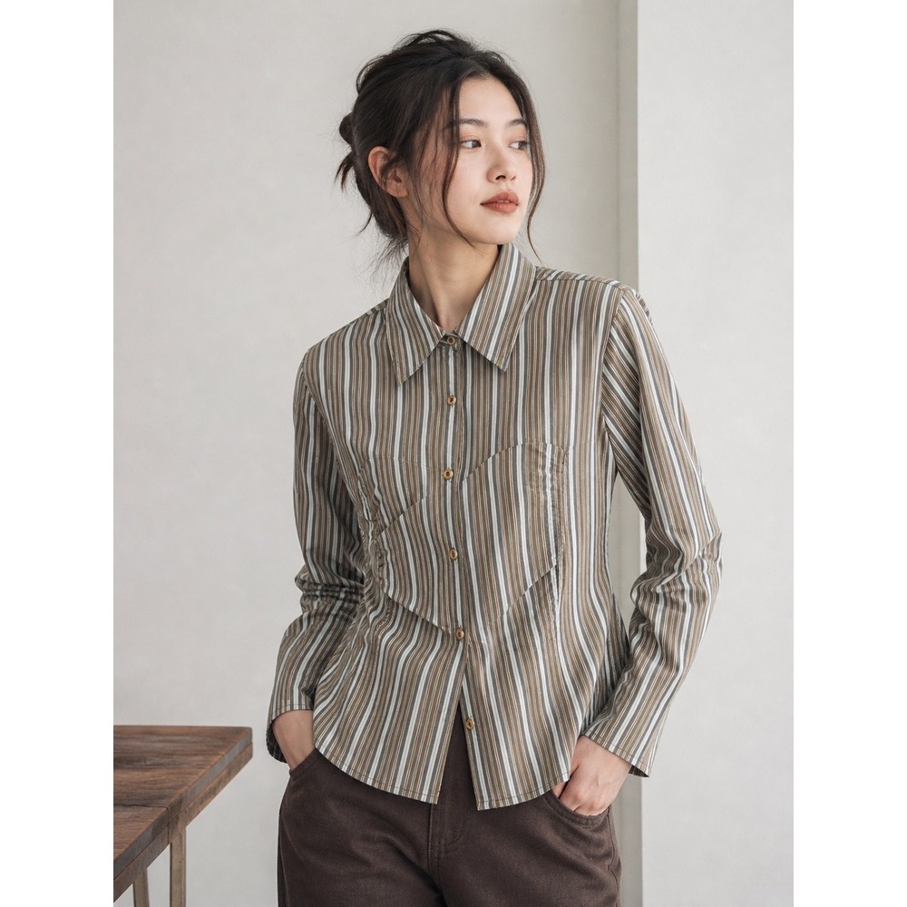 Fiorlini International Brown Striped Stretch Cotton Button Down Shirt Womens L
